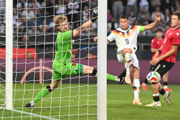 Nicolo TRESOLDI (GER) scoring chance, tackle, against goalkeeper Papuna Beruashvili (GEO) International soccer match, U21, European Championship Qualifiers, Germany vs. Georgia 2–0 on October 6, 2026, Schüco Arena, Bielefeld, Â