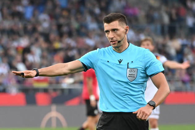 Referee Florian LATA ALB: gestures, soccer international match, U21, European Championship qualifier, Germany vs. Georgia 2–0 on October 6, 2026, Schüco Arena, Bielefeld, Â