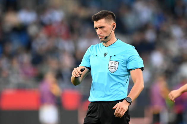 Referee Florian LATA ALB: gestures, soccer international match, U21, European Championship Qualifiers, Germany vs. Georgia 2–0 on October 6, 2026, Schüco Arena, Bielefeld, Â