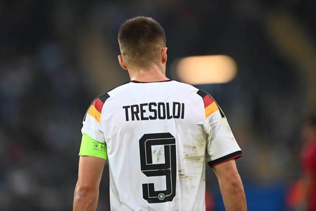 Nicolo TRESOLDI GER half-figure, half-body, single image, cropped single subject, rear view, international soccer match, U21, European Championship Qualifiers, Germany vs. Georgia 2–0 on October 6, 2026, Schueco Arena, Bielefeld, Â