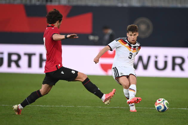 Lukas ULLRICH (GER) vs. Dato BUKIA (GEO) – Action, Tackle, International Soccer Match, U21, European Championship Qualifier, Germany vs. Georgia 2–0 on October 6, 2026, Schueco Arena, Bielefeld, Â