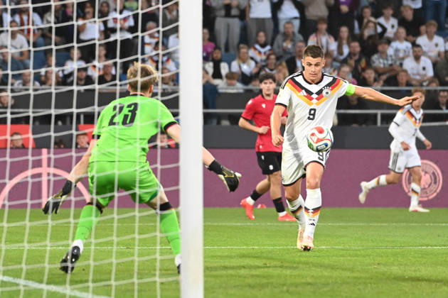 Nicolo TRESOLDI (GER) scoring chance, tackle, against goalkeeper Papuna Beruashvili (GEO) International soccer match, U21, European Championship Qualifiers, Germany vs. Georgia 2–0 on October 6, 2026, Schüco Arena, Bielefeld, Â