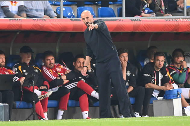 German national team coach Antonio DI SALVO gives instructions to his players; gestures, soccer international match, U21, European Championship qualifiers, Germany vs. Georgia 2–0 on October 6, 2026, Schüco Arena, Bielefeld, Â