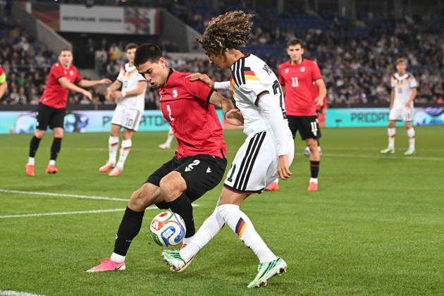 Wael MOHYA (GER) vs. Rati Grigalava (GEO) – Action, Tackle, International Soccer Match, U21, European Championship Qualifiers, Germany vs. Georgia 2–0 on October 6, 2026, Schueco Arena, Bielefeld, Â