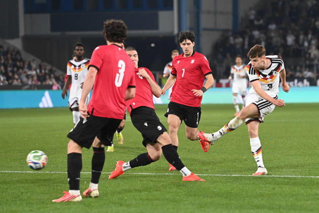Lukas ULLRICH (GER) vs. Aleksandre Amisulashvili (GEO) – Action, Tackle, Scoring Chance, International Soccer Match, U21, European Championship Qualifiers, Germany vs. Georgia 2–0 on October 6, 2026, Schüco Arena, Bielefeld, Â