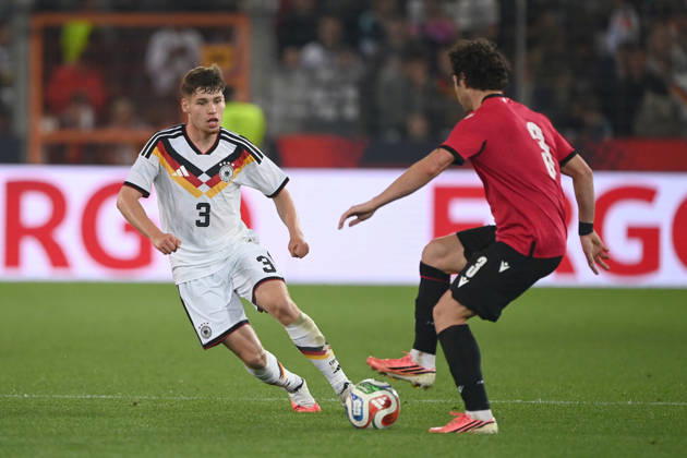 Lukas ULLRICH (GER) vs. Dato BUKIA (GEO) – Action, Tackle, International Soccer Match, U21, European Championship Qualifiers, Germany vs. Georgia 2–0 on October 6, 2026, Schueco Arena, Bielefeld, Â