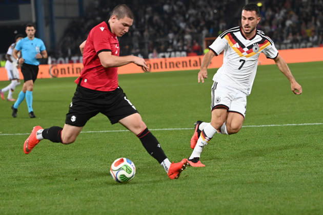 Aleksandre Amisulashvili (GEO) vs. Arijon IBRAHIMOVIC (GER) – Action, Tackle, International Soccer Match, U21, European Championship Qualifiers, Germany vs. Georgia 2–0 on October 6, 2026, Schüco Arena, Bielefeld, Â