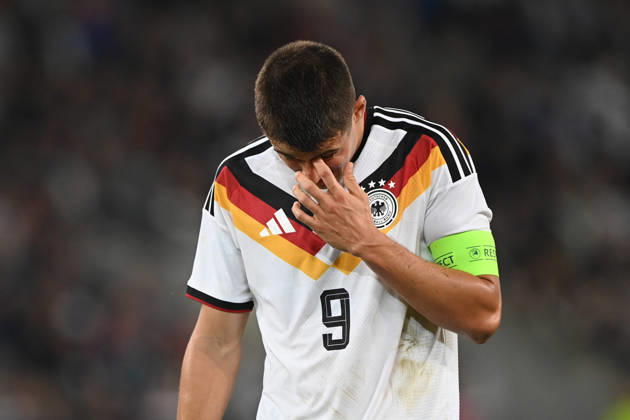 Nicolo TRESOLDI GER half-figure, half-body, single frame, cropped single shot, disappointed, disappointment, soccer international match, U21, European Championship Qualifiers, Germany vs. Georgia 2–0 on October 6, 2026, Schüco Arena, Bielefeld, Â
