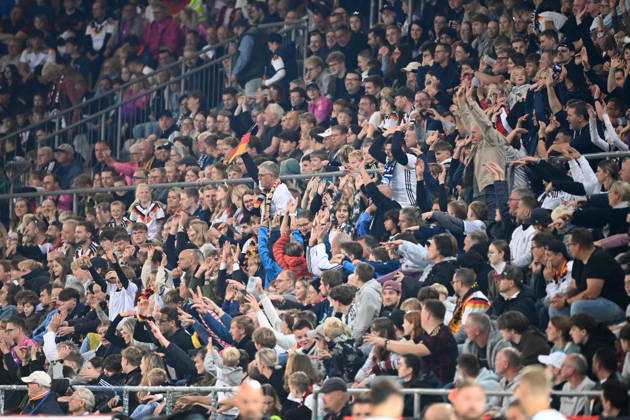 Spectators do the Mexican wave, laola, feature, background image, symbolic photo, cheering, joy, cheers, international soccer match, U21, European Championship qualifier, Germany vs. Georgia 2–0 on October 6, 2026, Schueco Arena, Bielefeld, Â