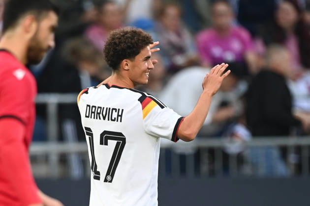 Noah DARVICH GER celebrates after scoring the 1-0 goal; celebration, cheering, joy, cheers, international soccer match, U21, European Championship Qualifiers, Germany vs. Georgia on October 6, 2026, Schüco Arena, Bielefeld, Â