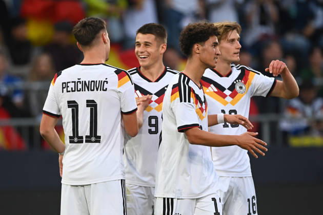 Noah DARVICH (GER) celebrates after scoring the 1-0 goal; celebration, cheering, joy, cheers, with Dzenan PEJCINOVIC (GER), Nicolo TRESOLDI (GER), and Aljoscha KEMLEIN (GER); soccer international match, U21, European Championship Qualifiers, Germany vs. Georgia on October 6, 2026, Schüco Arena, Bielefeld, Â