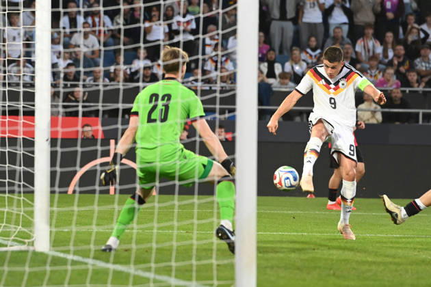 Nicolo TRESOLDI (GER) scoring chance, tackle, against goalkeeper Papuna Beruashvili (GEO) International soccer match, U21, European Championship Qualifiers, Germany vs. Georgia on October 6, 2026, Schüco Arena, Bielefeld, Â
