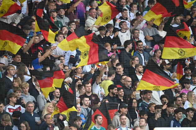 German fans with their flags, feature, background image, symbolic photo, international soccer match, U21, European Championship qualifier, Germany vs. Georgia 2–0 on October 6, 2026, Schüco Arena, Bielefeld, Â