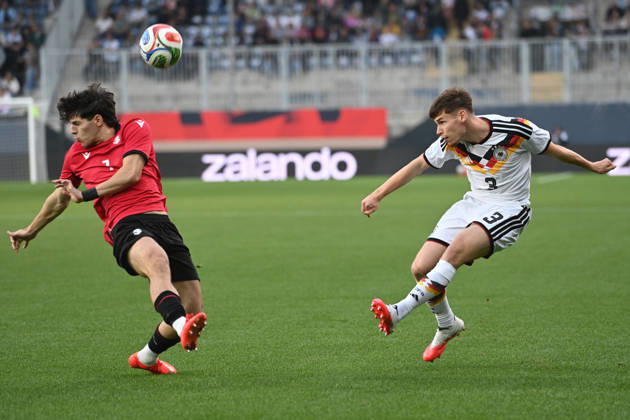 Lukas ULLRICH (GER) vs. Dato BUKIA (GEO) – Action, Tackle, International Soccer Match, U21, European Championship Qualifiers, Germany vs. Georgia 2–0 on October 6, 2026, Schueco Arena, Bielefeld, Â