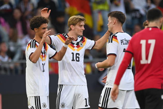 Noah DARVICH GER celebrates after scoring the 1-0 goal; celebration, cheering, joy, cheers, The goal is later credited to Dzenan PEJCINOVIC (GER), pictured here with Aljoscha KEMLEIN (GER) and Dzenan PEJCINOVIC (GER) in an international soccer match, U21, European Championship Qualifier, Germany vs. Georgia 2–0 on October 6, 2026, Schüco Arena, Bielefeld, Â