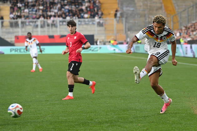 Paris BRUNNER (GER) vs. Vakhtang Salia (GEO) Action, Tackle, International Soccer Match, U21, European Championship Qualifiers, Germany vs. Georgia 2–0 on October 6, 2026, Schueco Arena, Bielefeld, Â