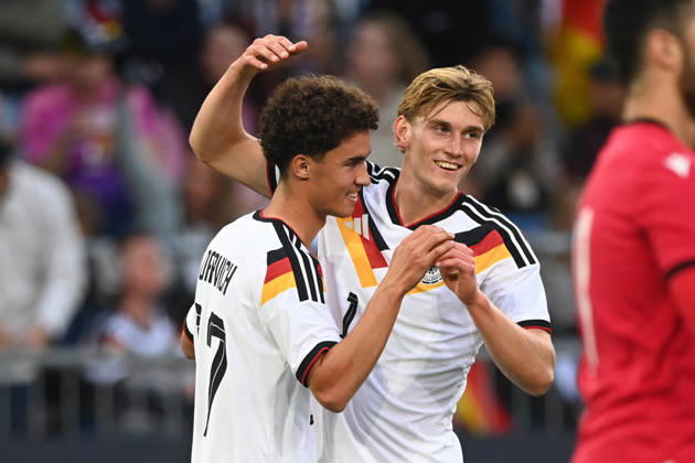 Noah DARVICH (GER) celebrates after scoring the 1-0 goal; celebration, cheering, joy, cheers, with Aljoscha KEMLEIN (GER) – soccer international match, U21, European Championship Qualifiers, Germany vs. Georgia on October 6, 2026, Schueco Arena, Bielefeld, Â