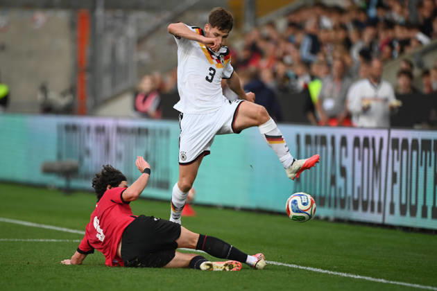 Lukas ULLRICH (GER) vs. Dato BUKIA (GEO) – Action, Tackle, International Soccer Match, U21, European Championship Qualifiers, Germany vs. Georgia 2–0 on October 6, 2026, Schueco Arena, Bielefeld, Â