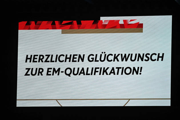 Congratulations on qualifying for the European Championship; scoreboard, feature, background image, symbolic photo, international soccer match, U21, European Championship Qualifiers, Germany vs. Georgia 2–0 on October 6, 2026, Schüco Arena, Bielefeld, Â