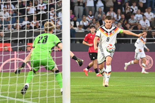 Nicolo TRESOLDI (GER) scoring chance, tackle, against goalkeeper Papuna Beruashvili (GEO) International soccer match, U21, European Championship Qualifiers, Germany vs. Georgia 2–0 on October 6, 2026, Schüco Arena, Bielefeld, Â