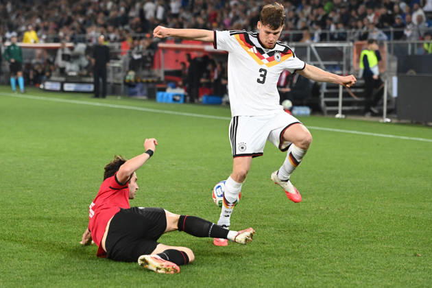 Lukas ULLRICH (GER) vs. Dato BUKIA (GEO) – Action, Tackle, International Soccer Match, U21, European Championship Qualifier, Germany vs. Georgia 2–0 on October 6, 2026, Schueco Arena, Bielefeld, Â