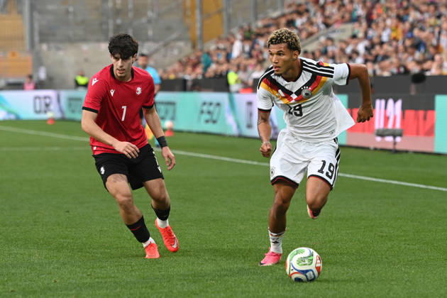Paris BRUNNER (GER) vs. Vakhtang Salia (GEO) Action, Tackle, International Soccer Match, U21, European Championship Qualifiers, Germany vs. Georgia 2–0 on October 6, 2026, Schueco Arena, Bielefeld, Â