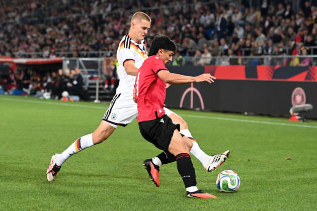 Tom Alexander ROTHE GER vs. Giorgi Robakidze GEO Action, Tackle, International Soccer Match, U21, European Championship Qualifiers, Germany vs. Georgia 2–0 on October 6, 2026, Schueco Arena, Bielefeld, Â