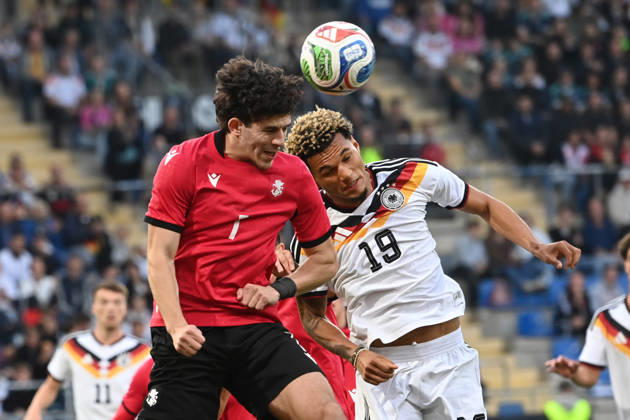 Paris BRUNNER (GER) vs. Vakhtang Salia (GEO) – header, header duel, international soccer match, U21, European Championship Qualifiers, Germany vs. Georgia 2–0 on October 6, 2026, Schüco Arena, Bielefeld, Â