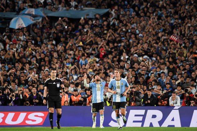 BUENOS AIRES, ARGENTINA 6 OCTOBER: Lionel Messi of the Argentina national team, Nationalteam celebrates the goal he has just scored from the penalty spot, whilst his team-mate Nicolas Paz looks on, during a friendly match between Argentina and Benin at the Estadio Monumental Antonio V. Liberti on 6 October 2026 in Buenos Aires, Argentina.  Copyright: xMBxMediax