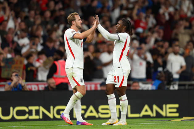 LONDON, ENGLAND - OCTOBER 6: Harry Kane of England celebrates with Eberechi Eze of England after scoring during the UEFA Nations League 2026 27 group phase match between England and Czechia at Wembley Stadium on October 6, 2026 in London, England.  Copyright: xMBxMediax