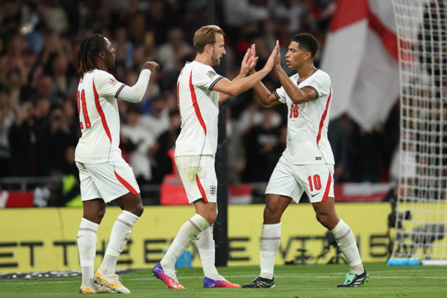 LONDON, ENGLAND - OCTOBER 6: Harry Kane of England celebrates with Jude Bellingham of England after scoring during the UEFA Nations League 2026 27 group phase match between England and Czechia at Wembley Stadium on October 6, 2026 in London, England.  Copyright: xMBxMediax