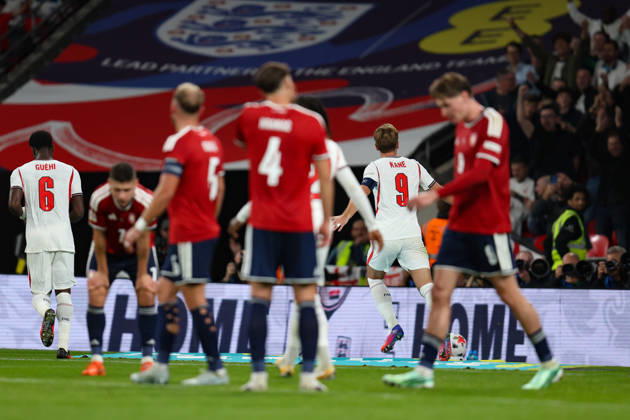 LONDON, ENGLAND - OCTOBER 6: Harry Kane of England celebrates after scoring his second goal during the UEFA Nations League 2026 27 group phase match between England and Czechia at Wembley Stadium on October 6, 2026 in London, England.  Copyright: xMBxMediax