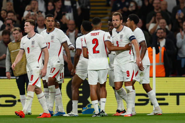 LONDON, ENGLAND - OCTOBER 6: Harry Kane of England celebrates with his teammates after scoring his second goal during the UEFA Nations League 2026 27 group phase match between England and Czechia at Wembley Stadium on October 6, 2026 in London, England.  Copyright: xMBxMediax
