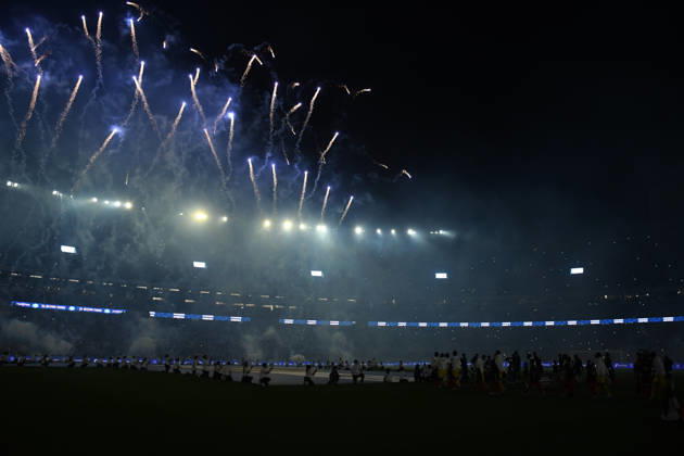 BUENOS AIRES, ARGENTINA - OCTOBER 06: firework and drone light show during the Lionel Messi of Argentina addresses, speak to the crowd after his final international appearance the International Friendly, Länderspiel, Nationalmannschaft match between Argentina and Benin at Estadio Mas Monumental on October 06, 2026 in Buenos Aires, Argentina. Photo by SFSI Argentina national team, Nationalteam v Benin Copyright: xSFSIx