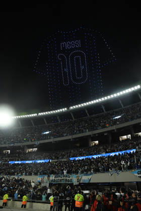BUENOS AIRES, ARGENTINA - OCTOBER 06: firework and drone light show during the Lionel Messi of Argentina addresses, speak to the crowd after his final international appearance the International Friendly, Länderspiel, Nationalmannschaft match between Argentina and Benin at Estadio Mas Monumental on October 06, 2026 in Buenos Aires, Argentina. Photo by SFSI Argentina national team, Nationalteam v Benin Copyright: xSFSIx