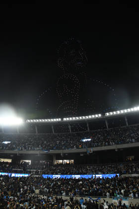 BUENOS AIRES, ARGENTINA - OCTOBER 06: firework and drone light show during the Lionel Messi of Argentina addresses, speak to the crowd after his final international appearance the International Friendly, Länderspiel, Nationalmannschaft match between Argentina and Benin at Estadio Mas Monumental on October 06, 2026 in Buenos Aires, Argentina. Photo by SFSI Argentina national team, Nationalteam v Benin Copyright: xSFSIx