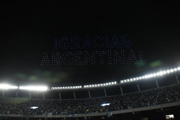 BUENOS AIRES, ARGENTINA - OCTOBER 06: firework and drone light show during the Lionel Messi of Argentina addresses, speak to the crowd after his final international appearance the International Friendly, Länderspiel, Nationalmannschaft match between Argentina and Benin at Estadio Mas Monumental on October 06, 2026 in Buenos Aires, Argentina. Photo by SFSI Argentina national team, Nationalteam v Benin Copyright: xSFSIx