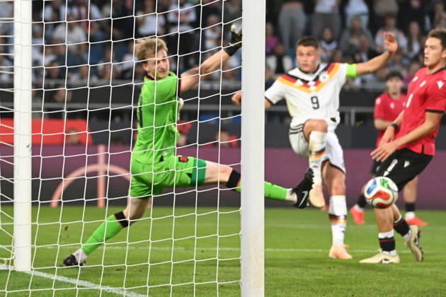 Nicolo TRESOLDI (GER) scoring chance, tackle, against goalkeeper Papuna Beruashvili (GEO) International soccer match, U21, European Championship Qualifiers, Germany vs. Georgia 2–0 on October 6, 2026, Schüco Arena, Bielefeld, Â