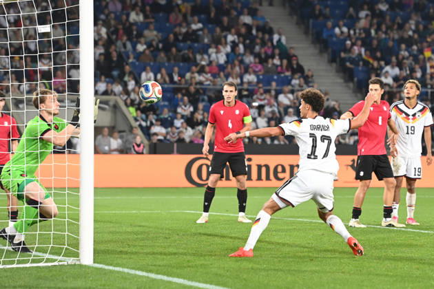 Noah DARVICH (GER) scoring chance against goalkeeper Papuna Beruashvili (GEO) – action, tackle, international soccer match, U21, European Championship Qualifiers, Germany vs. Georgia 2–0 on October 6, 2026, Schüco Arena, Bielefeld, Â