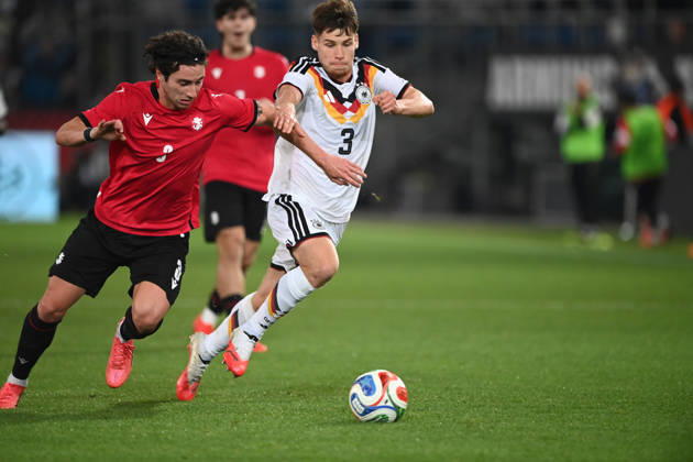 Lukas ULLRICH (GER) vs. Dato BUKIA (GEO) – Action, Tackle, International Soccer Match, U-21, European Championship Qualifier, Germany vs. Georgia 2–0 on October 6, 2026, Schueco Arena, Bielefeld, Â