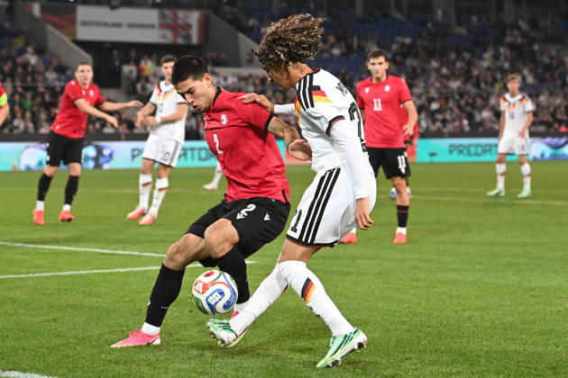Wael MOHYA (GER) vs. Rati Grigalava (GEO) Action, Tackle, International Soccer Match, U21, European Championship Qualifier, Germany vs. Georgia 2–0 on October 6, 2026, Schüco Arena, Bielefeld, Â