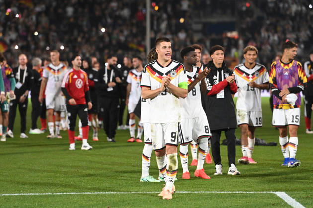 Victory celebration, cheers, celebrating, joy, Germany, Nicolo TRESOLDI (GER) in the foreground, international soccer match, U21, European Championship Qualifiers, Germany vs. Georgia 2–0 on October 6, 2026, Schüco Arena, Bielefeld, Â