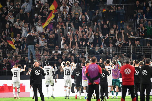 Victory celebrations, cheers, celebrating, joy, Germany, international soccer match, U21, European Championship qualifiers, Germany vs. Georgia 2–0 on October 6, 2026, Schüco Arena, Bielefeld, Â