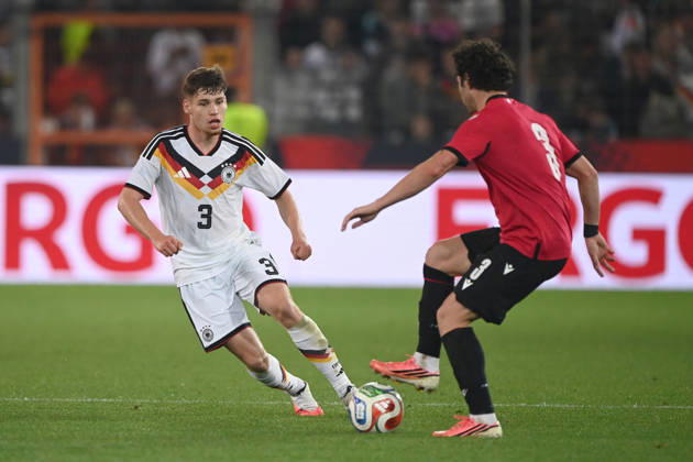 Lukas ULLRICH (GER) vs. Dato BUKIA (GEO) – Action, Tackle, International Soccer Match, U21, European Championship Qualifiers, Germany vs. Georgia 2–0 on October 6, 2026, Schueco Arena, Bielefeld, Â