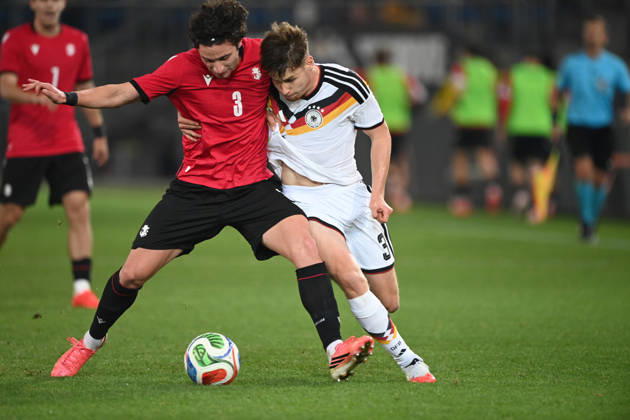 Lukas ULLRICH (GER) vs. Dato BUKIA (GEO) – Action, Tackle, International Soccer Match, U21, European Championship Qualifiers, Germany vs. Georgia 2–0 on October 6, 2026, Schueco Arena, Bielefeld, Â