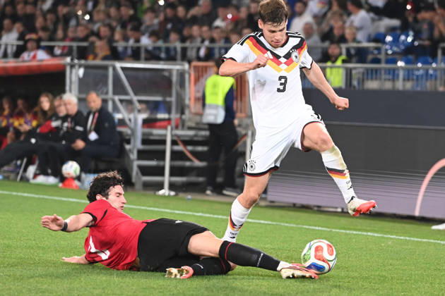Lukas ULLRICH (GER) vs. Dato BUKIA (GEO) – Action, Tackle, International Soccer Match, U21, European Championship Qualifiers, Germany vs. Georgia 2–0 on October 6, 2026, Schueco Arena, Bielefeld, Â