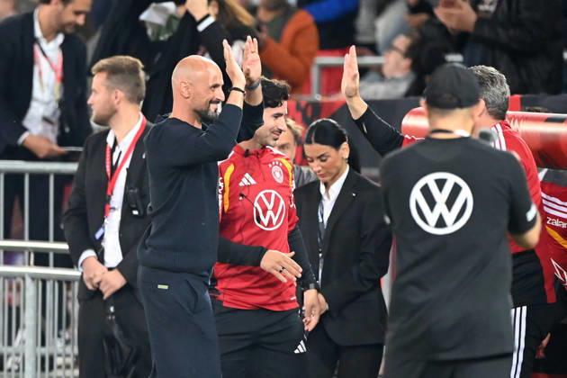 Victory celebrations, cheers, celebrating, joy, cheers, National Team Coach Antonio DI SALVO GER soccer international match, U21, European Championship Qualifiers, Germany vs. Georgia 2–0 on October 6, 2026, Schüco Arena Bielefeld, Â