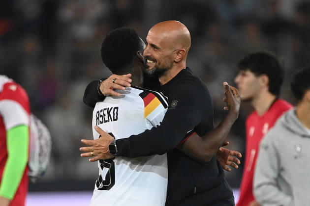 Victory celebration, celebration, cheering, joy, cheers, German national team coaches Antonio DI SALVO (GER) and Noel ASEKO (GER), celebration, cheering, joy, cheers, international soccer match, U21, European Championship Qualifiers, Germany vs. Georgia 2–0 on October 6, 2026, Schüco Arena, Bielefeld, Â