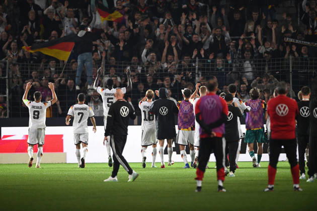 Victory celebrations, cheers, celebrating, joy, cheers, Germany, international soccer match, U21, European Championship qualifiers, Germany vs. Georgia 2–0 on October 6, 2026, Schüco Arena, Bielefeld, Â