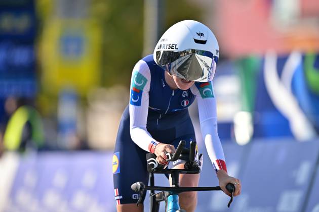 France s Noemie Martinet pictured in action during the Women Junior Individual Time Trial race (22km) at the cycling UEC Road European Championships, in Ljubljana, Slovenia, on Wednesday 7 October 2026. The UEC Road European Championships are taking place from 02 to 07 October in Ljubljana, Slovenia. DAVIDxPINTENS x189032438x